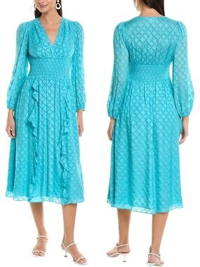 Shoshanna Katalina Turquoise Smocked Ruffle Burnout Midi Dress Size 4 Modest